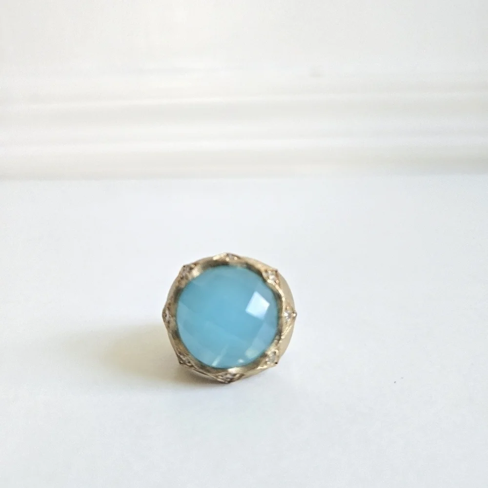 Rivka Friedman 18K Gold Clad Caribbean Blue Quartzite Bold Round Faceted Ring